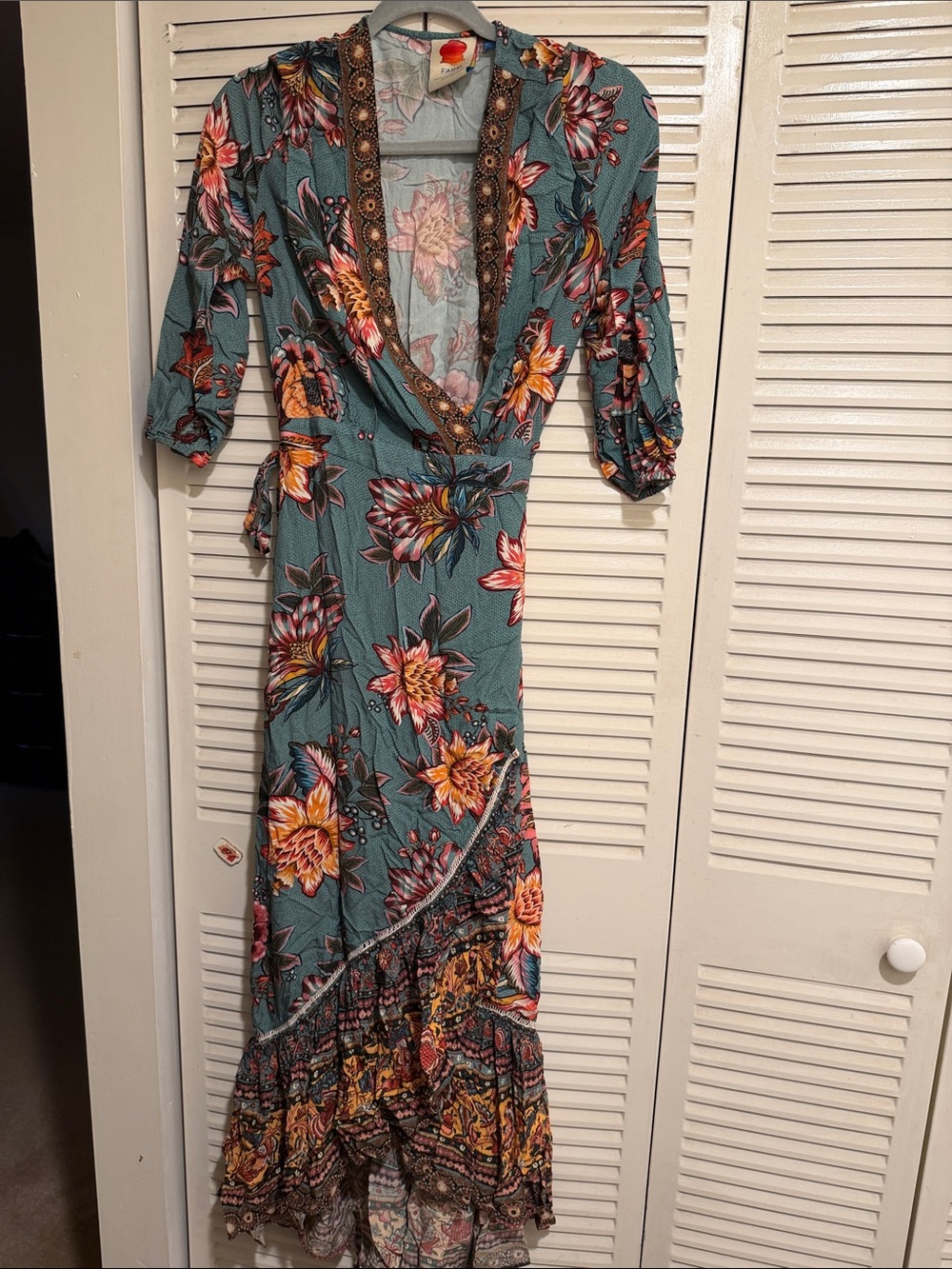 FARM Rio Teal Floral Wrap Maxi Dress with Contrast Trim